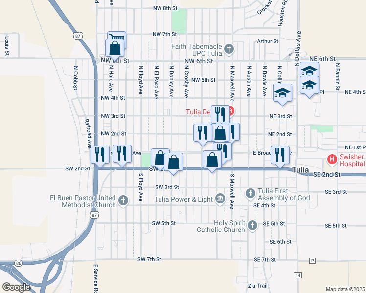 map of restaurants, bars, coffee shops, grocery stores, and more near 400 West Broadway Avenue in Tulia