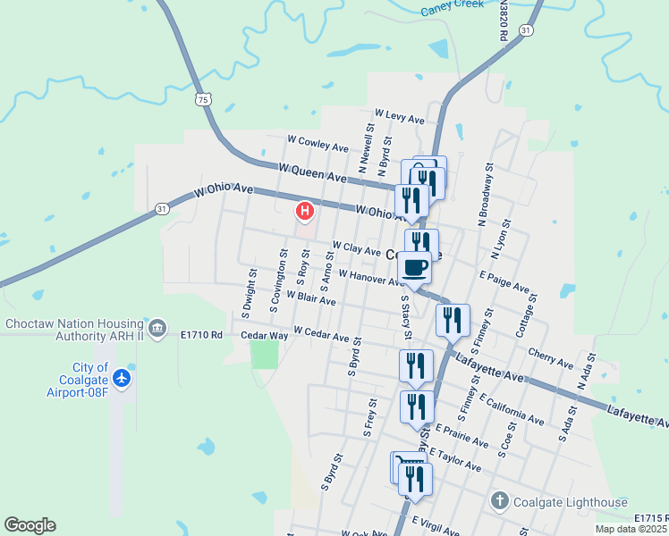 map of restaurants, bars, coffee shops, grocery stores, and more near 405 West Hanover Avenue in Coalgate