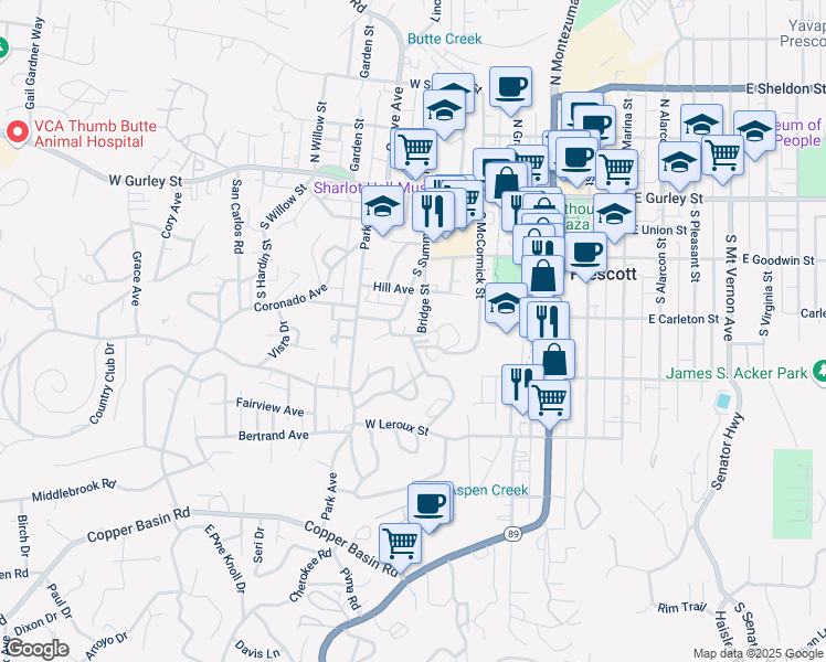 map of restaurants, bars, coffee shops, grocery stores, and more near 339 Pioneer Drive in Prescott