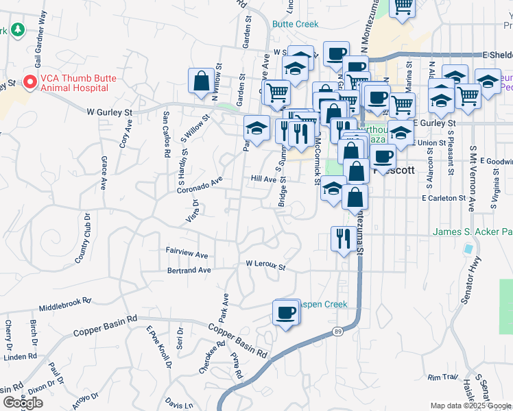 map of restaurants, bars, coffee shops, grocery stores, and more near 331 Park Avenue in Prescott