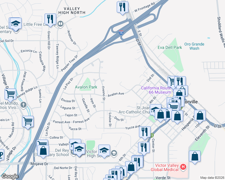 map of restaurants, bars, coffee shops, grocery stores, and more near 16518 Avalon Avenue in Victorville