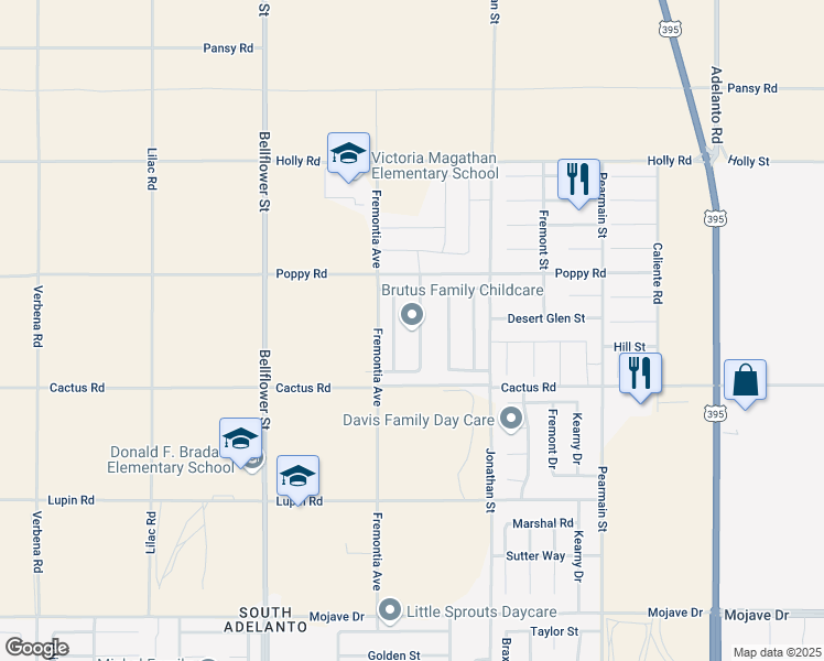 map of restaurants, bars, coffee shops, grocery stores, and more near 15800 Horizon Way in Adelanto