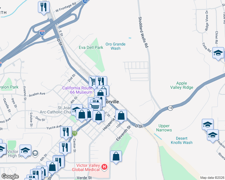 map of restaurants, bars, coffee shops, grocery stores, and more near 16876 E Street in Victorville