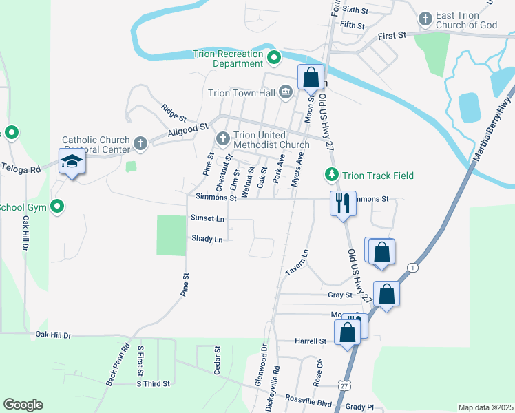 map of restaurants, bars, coffee shops, grocery stores, and more near 483 Simmons Street in Trion