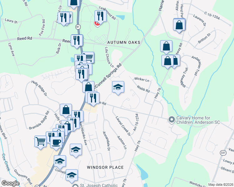 map of restaurants, bars, coffee shops, grocery stores, and more near 301 Simpson Road in Anderson