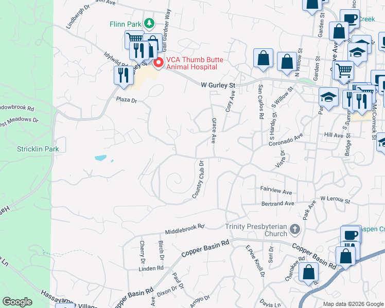 map of restaurants, bars, coffee shops, grocery stores, and more near 390 Verde Lane in Prescott