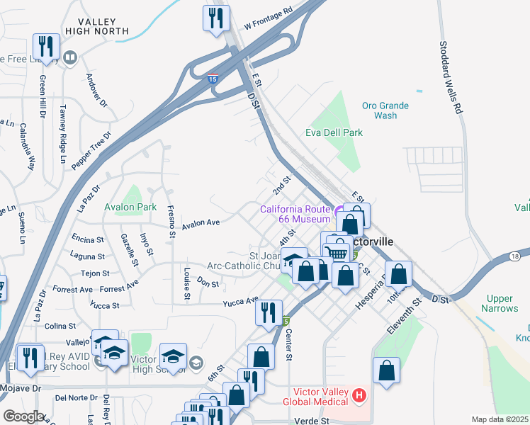 map of restaurants, bars, coffee shops, grocery stores, and more near 15549 2nd Street in Victorville