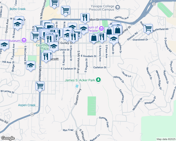 map of restaurants, bars, coffee shops, grocery stores, and more near 308 South Washington Street in Prescott