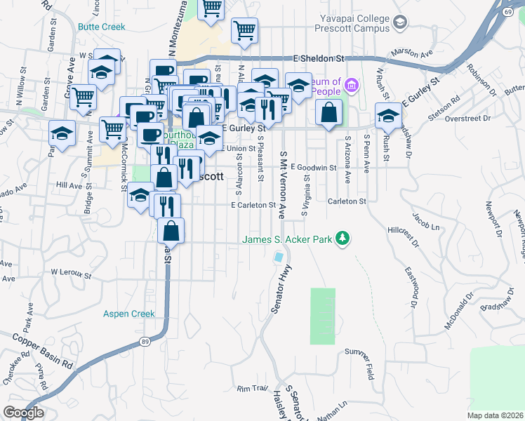 map of restaurants, bars, coffee shops, grocery stores, and more near 313 South Pleasant Street in Prescott