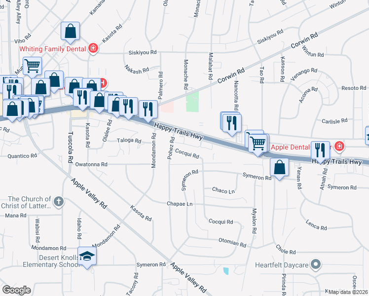 map of restaurants, bars, coffee shops, grocery stores, and more near 18626 Cocqui Road in Apple Valley