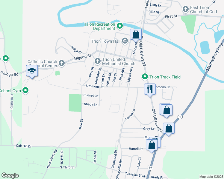 map of restaurants, bars, coffee shops, grocery stores, and more near 483 Simmons Street in Trion