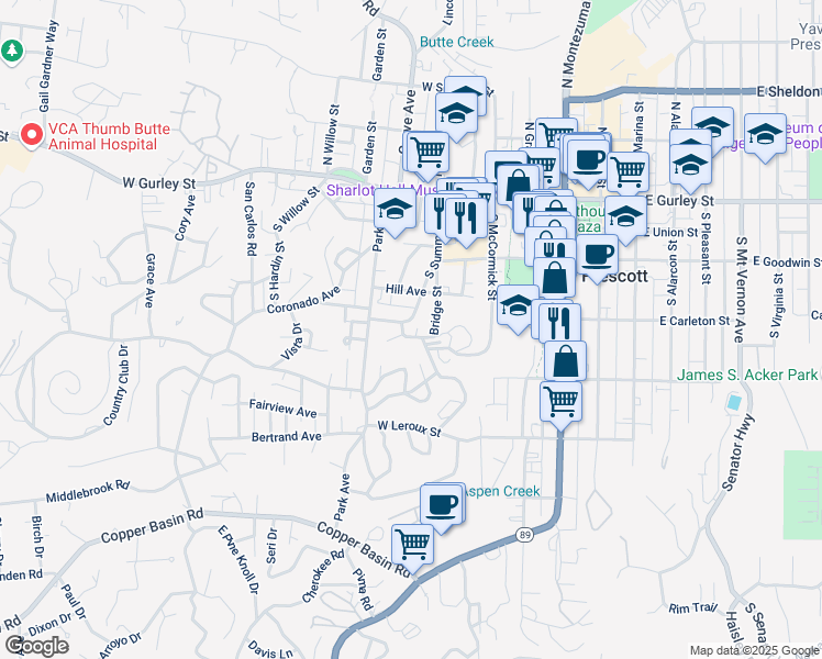 map of restaurants, bars, coffee shops, grocery stores, and more near 339 Pioneer Drive in Prescott