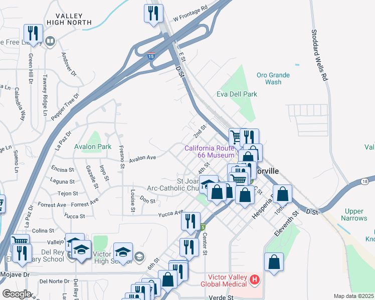 map of restaurants, bars, coffee shops, grocery stores, and more near 15549 2nd Street in Victorville