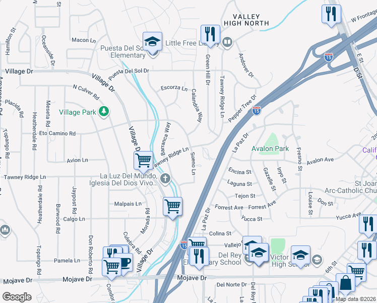 map of restaurants, bars, coffee shops, grocery stores, and more near Sueno Lane in Victorville