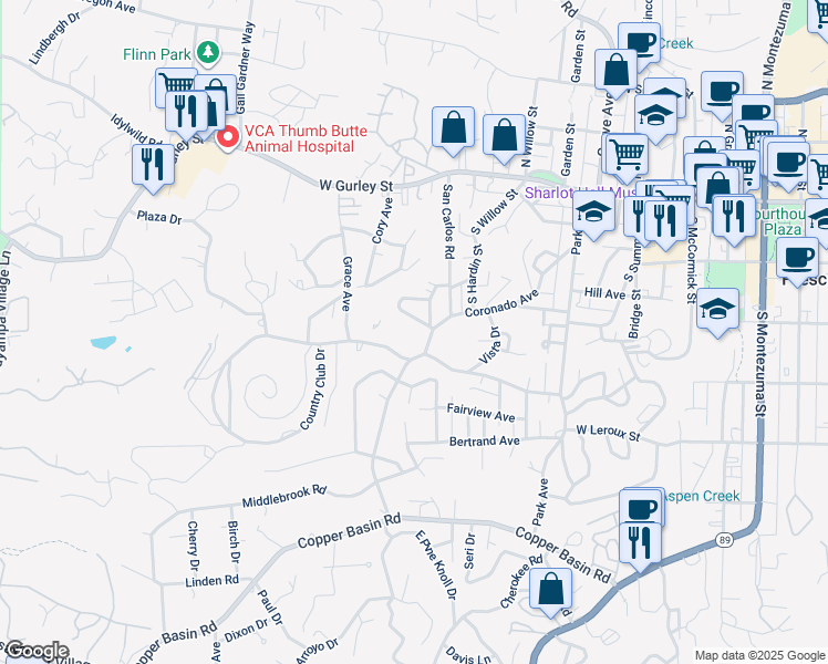 map of restaurants, bars, coffee shops, grocery stores, and more near 816 Coronado Avenue in Prescott