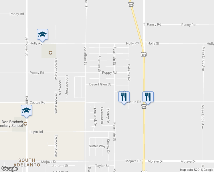 map of restaurants, bars, coffee shops, grocery stores, and more near 11833 Desert Glen Street in Adelanto