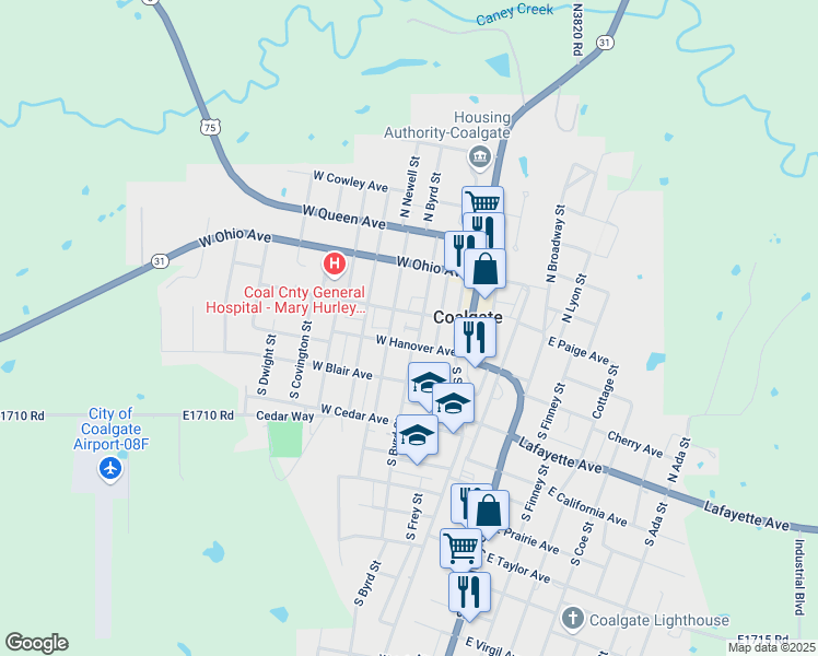 map of restaurants, bars, coffee shops, grocery stores, and more near 5 South Byrd Street in Coalgate
