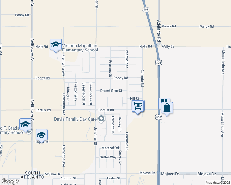 map of restaurants, bars, coffee shops, grocery stores, and more near 11833 Desert Glen Street in Adelanto