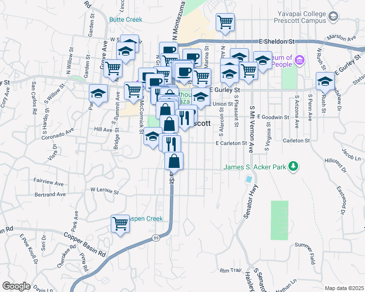 map of restaurants, bars, coffee shops, grocery stores, and more near 109 West Carleton Street in Prescott