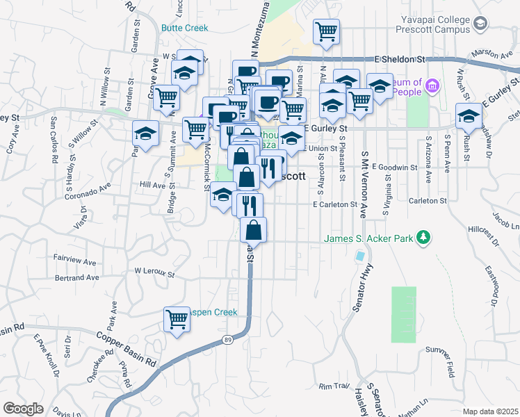 map of restaurants, bars, coffee shops, grocery stores, and more near 115 West Carleton Street in Prescott