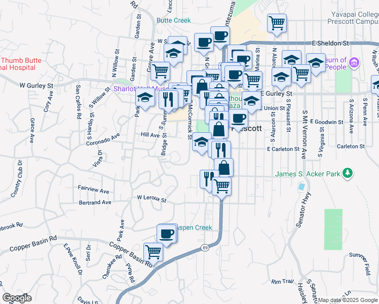 map of restaurants, bars, coffee shops, grocery stores, and more near 300 South McCormick Street in Prescott