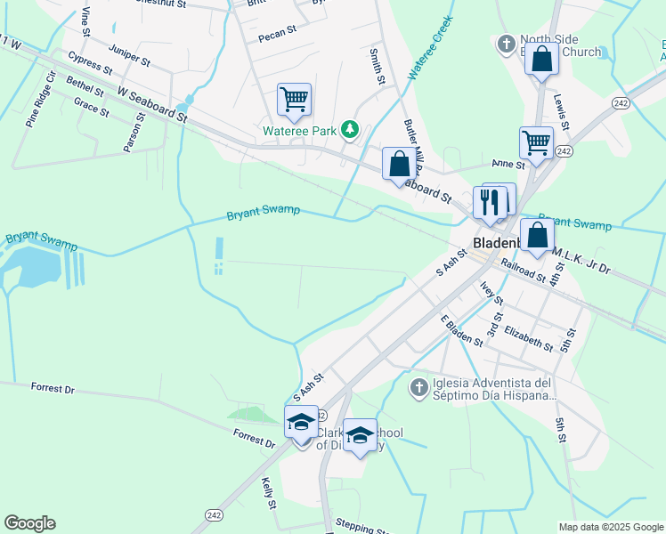 map of restaurants, bars, coffee shops, grocery stores, and more near 205 West Bladen Street in Bladenboro