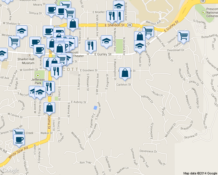 map of restaurants, bars, coffee shops, grocery stores, and more near 308 South Washington Street in Prescott