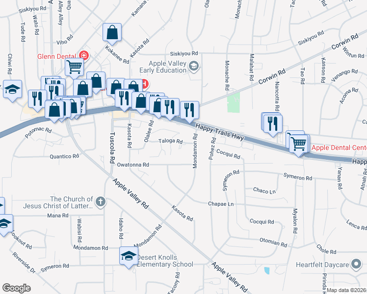 map of restaurants, bars, coffee shops, grocery stores, and more near 18421 Taloga Court in Apple Valley