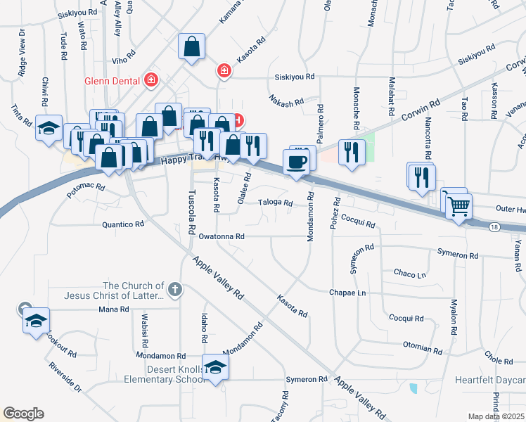 map of restaurants, bars, coffee shops, grocery stores, and more near 18335 Taloga Lane in Apple Valley