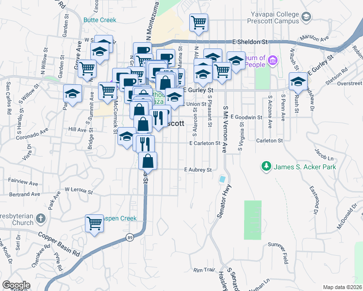 map of restaurants, bars, coffee shops, grocery stores, and more near 303 South Marina Street in Prescott