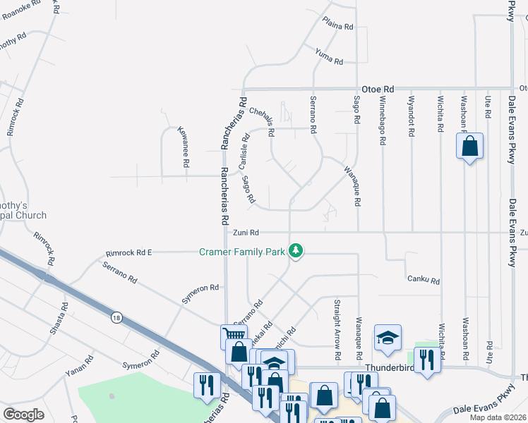 map of restaurants, bars, coffee shops, grocery stores, and more near 15737 Sago Road in Apple Valley