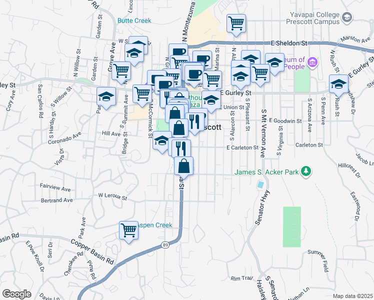 map of restaurants, bars, coffee shops, grocery stores, and more near 121 West Carleton Street in Prescott