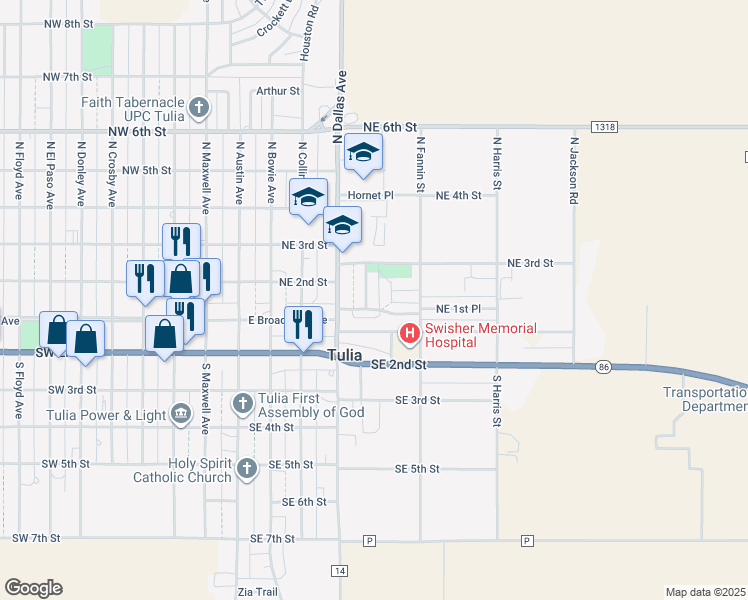 map of restaurants, bars, coffee shops, grocery stores, and more near 516 Northeast 2nd Street in Tulia
