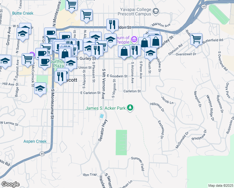 map of restaurants, bars, coffee shops, grocery stores, and more near 305 South Virginia Street in Prescott