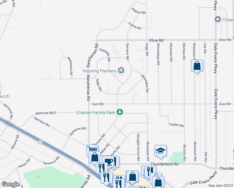 map of restaurants, bars, coffee shops, grocery stores, and more near Serrano Road & Sago Road in Apple Valley