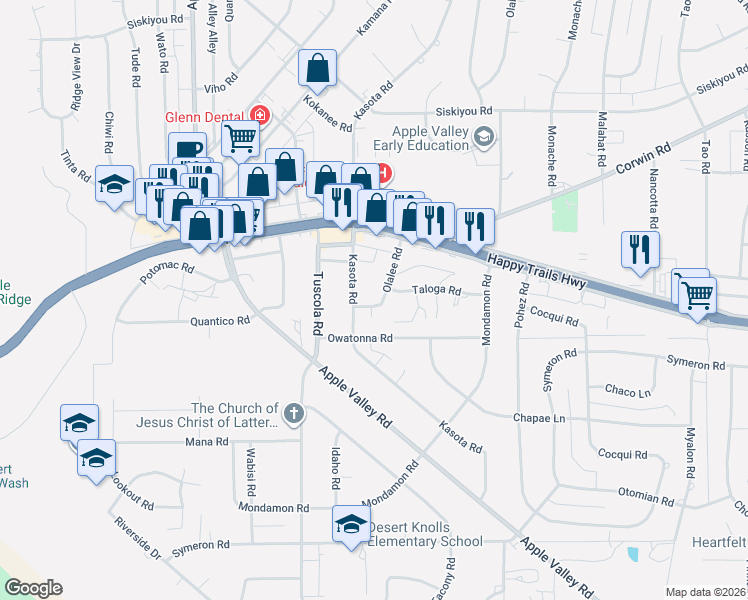 map of restaurants, bars, coffee shops, grocery stores, and more near 15750 Olalee Road in Apple Valley