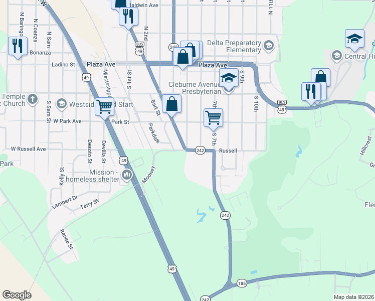 map of restaurants, bars, coffee shops, grocery stores, and more near 300-398 Sebastian Street in Helena-West Helena