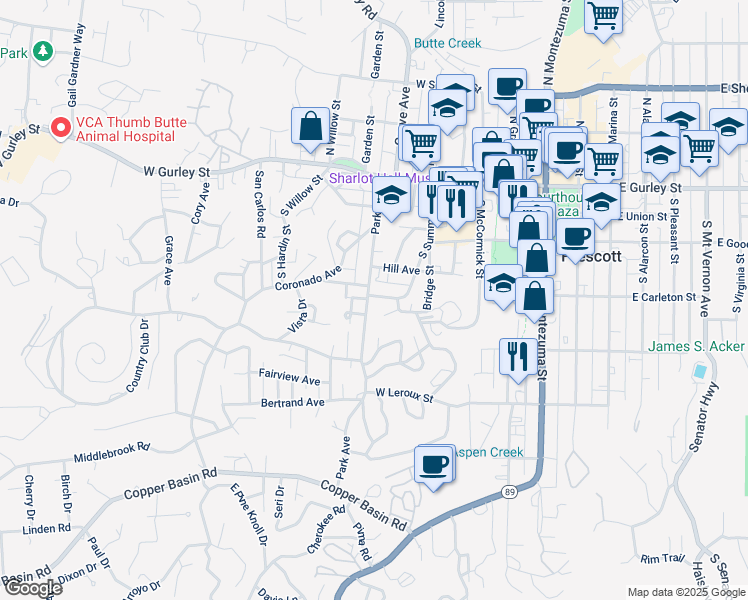 map of restaurants, bars, coffee shops, grocery stores, and more near 331 Park Avenue in Prescott