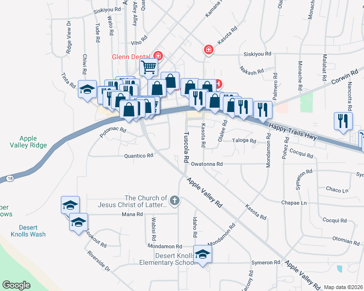 map of restaurants, bars, coffee shops, grocery stores, and more near 15762 Tuscola Road in Apple Valley
