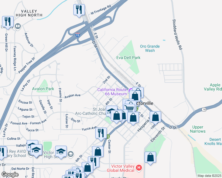 map of restaurants, bars, coffee shops, grocery stores, and more near 16705 C Street in Victorville
