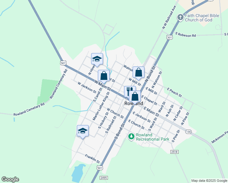map of restaurants, bars, coffee shops, grocery stores, and more near North Carolina 130 in Rowland
