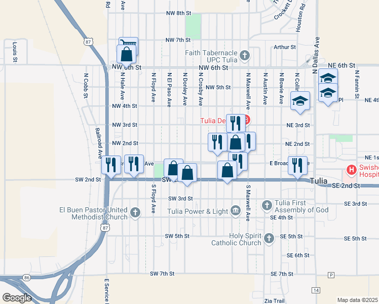 map of restaurants, bars, coffee shops, grocery stores, and more near 400-498 West Broadway Avenue in Tulia