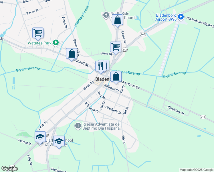 map of restaurants, bars, coffee shops, grocery stores, and more near Railroad Street in Bladenboro