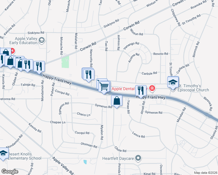 map of restaurants, bars, coffee shops, grocery stores, and more near 18878 Outer Highway 18 North in Apple Valley