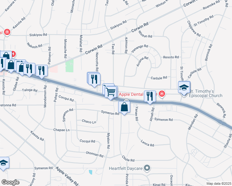map of restaurants, bars, coffee shops, grocery stores, and more near Tao Road in Apple Valley