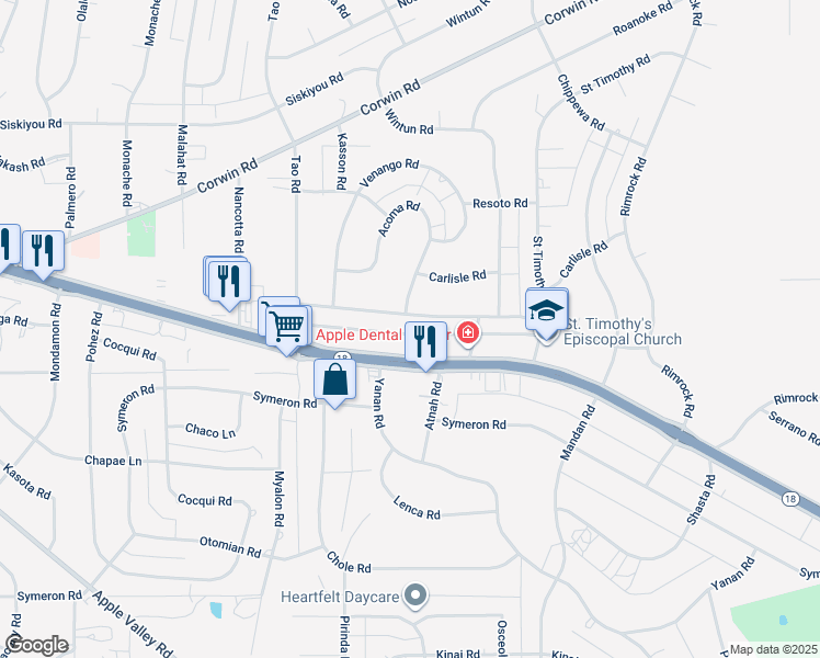 map of restaurants, bars, coffee shops, grocery stores, and more near 2 Outer Highway 18 North in Apple Valley