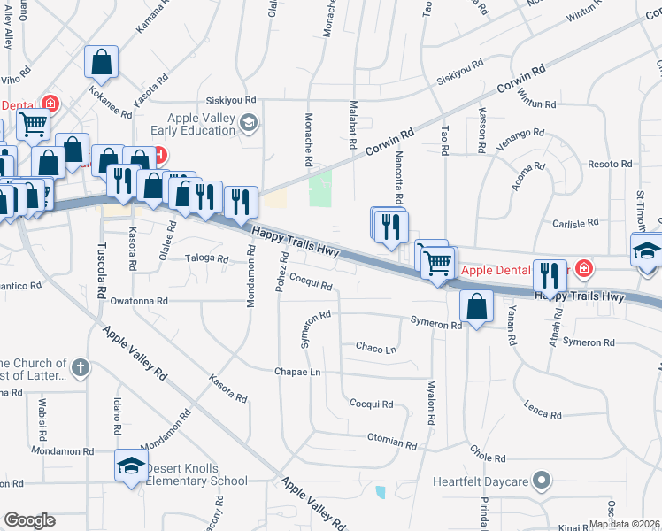 map of restaurants, bars, coffee shops, grocery stores, and more near 22166 California 18 in Apple Valley