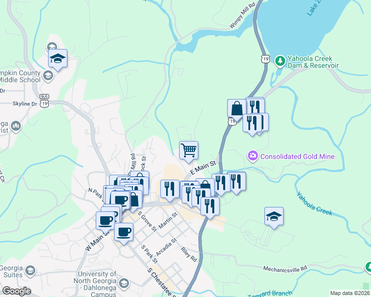 map of restaurants, bars, coffee shops, grocery stores, and more near 99 Turner Road in Dahlonega