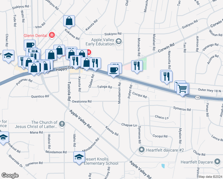map of restaurants, bars, coffee shops, grocery stores, and more near 18421 Taloga Court in Apple Valley