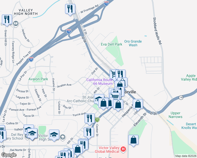 map of restaurants, bars, coffee shops, grocery stores, and more near 16705 C Street in Victorville